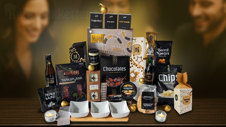 Kerstpakket met Beat Battle bordspel, snacks, wijn en servies