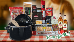 Italiaans kerstpakket met zwarte emaillen pasta pan, gnocchi, pasta, pesto, Birra Moretti en Italiaanse lekkernijen