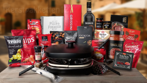 Italiaans kerstpakket met pizzamaker voor 4 personen en luxe Italiaanse ingrediënten zoals pasta, tapenade, serranoham en borrelhapjes
