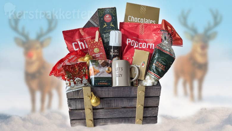 Rudolph Rood kerstpakket in luxe houten kist met feestelijke inhoud zoals mok, koekjes en chocolademelk