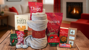 Kerstpakket met fleece plaid, kaarsen en snacks in een luxe kerstdoos perfect als warm wintercadeau
