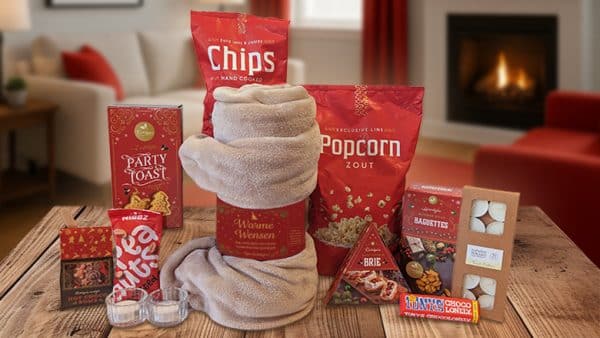 Kerstpakket met fleece plaid, kaarsen en snacks in een luxe kerstdoos perfect als warm wintercadeau