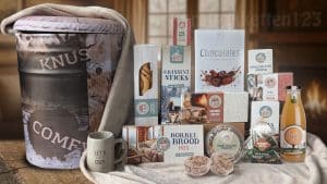 Kerstpakket met Scandinavische opbergpoef, plaid en luxe lekkernijen – exclusief Happz