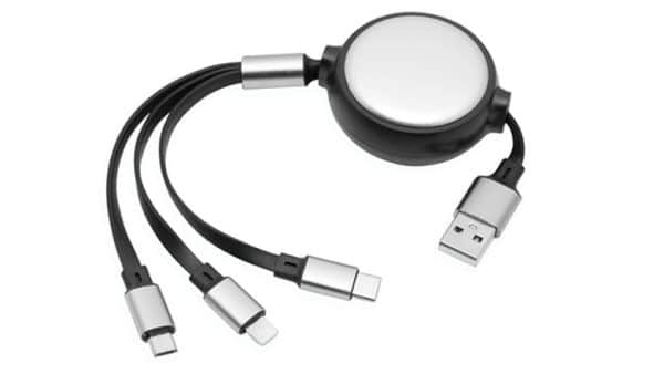 Oplaadkabel RETRACT, oprolbaar (lengte: ca. 100 cm): met 3 laadstekkers voor het opladen van de meest gangbare elektronische apparaten en smartphones, USB type C, Micro USB en Lightning.