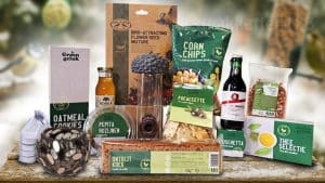 Duurzaam wintertuin kerstpakket met vogelvoedersilo, bloemenmengsel en delicatessen