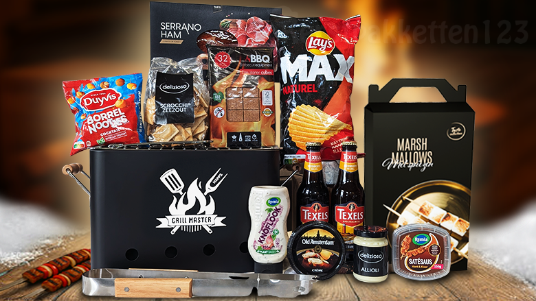 Stoer BBQ de Luxe Happz pakket met matzwarte barbecue en luxe snacks