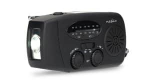 Nedis noodradio met zonnepaneel, LED-zaklamp en powerbankfunctie – zwart tafelmodel.