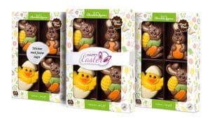 Choco blister paasfiguren 4-pack in groen en geel doosje met gepersonaliseerde wikkel en chocolade paasfiguurtjes