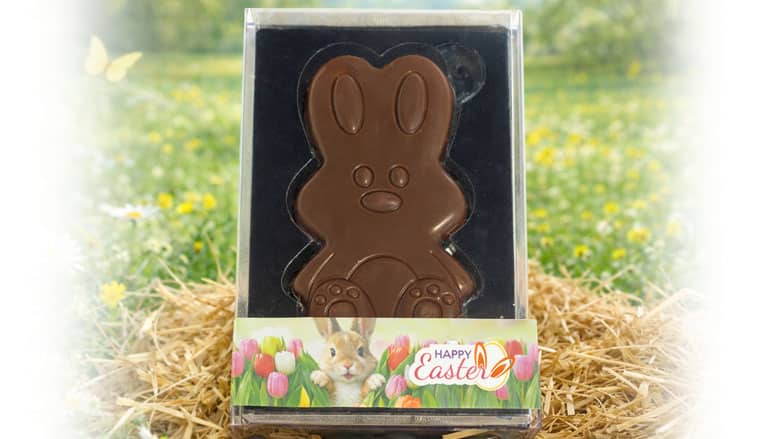 Melkchocolade paashaas in transparante verpakking met bedrukte Happy Easter wikkel