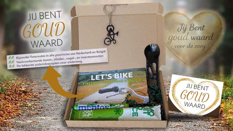 Dag van de Zorg brievenbuspakket met fietsthema en sportieve cadeaus voor zorgmedewerkers