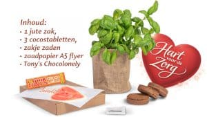 Dag van de Zorg brievenbuspakket met kruidenplant, jute zak, zaden, chocolade en kaartje bedankt voor je zorg