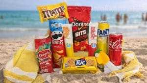 Zomerpakket rood geel strandpakket met handdoek en snacks relatiegeschenk