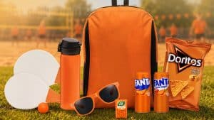 Oranje sportief zomerpakket met rugtas, drinkfles, Beachbal set en snacks op zomerse sportachtergrond