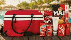 Retro rood zomerpakket met sporttas, snacks en drankjes bij tropisch zwembad