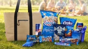 Zomers dagje weg pakket met koeltas strandshopper, snacks, drankjes en zomerse gadgets in park sfeer