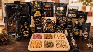 Smakelijk en sfeervol kerstpakket met bamboe snack tray, tapas en borrelhapjes