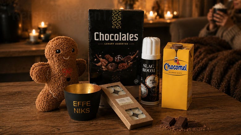 Effe Niks chocolade ontspan kerstpakket met warmtekussen