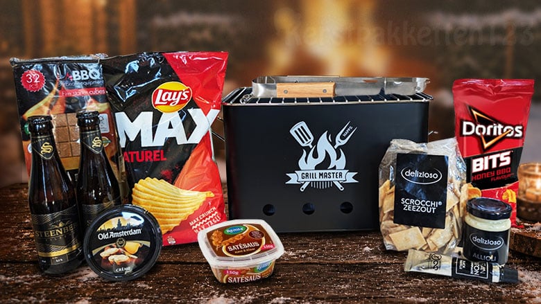 Grillmaster BBQ kerstpakket met exclusieve Happz barbecue, BBQ tang, bier en barbecue producten.