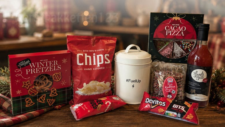 Knusse Kerst Landelijk keukenblik kerstpakket met alcoholvrije glühwein en winterse lekkernijen.