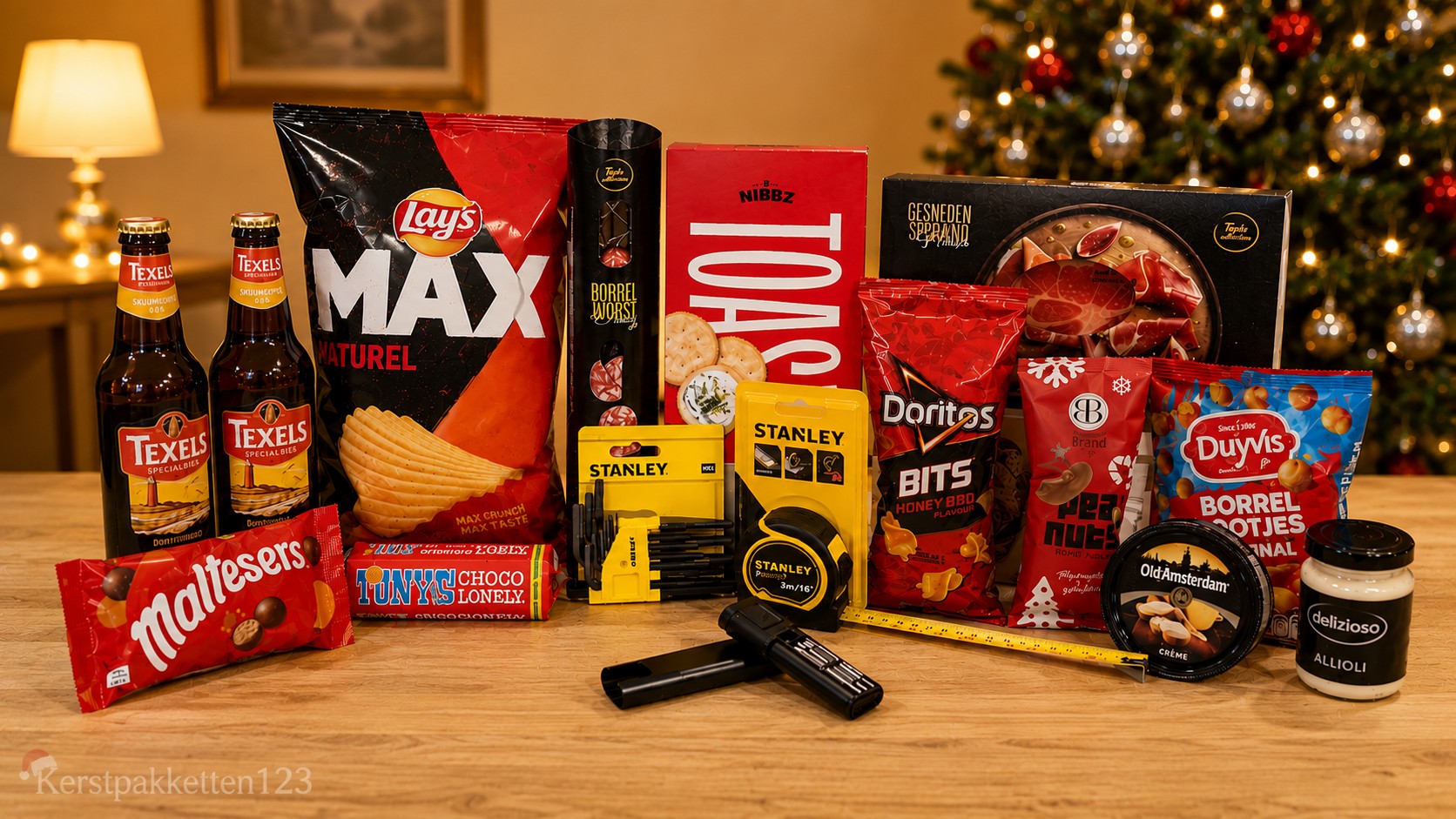 Stanley gereedschap kerstpakket met rolbandmaat, stiftsleutelset, schroevendraaiers, speciaalbier en borrelproducten