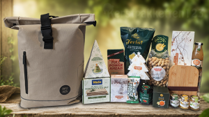 Duurzaam kerstpakket met RPET rugtas, lunchbox en lekkernijen