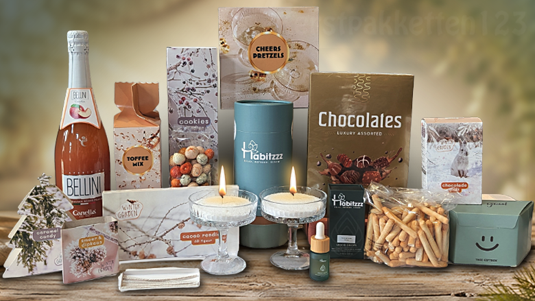 Luxe duurzaam kerstpakket met cocktailglazen, SandWax en lekkernijen