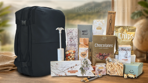 Duurzaam kerstpakket met underseater rugzak, reisaccessoires en luxe lekkernijen