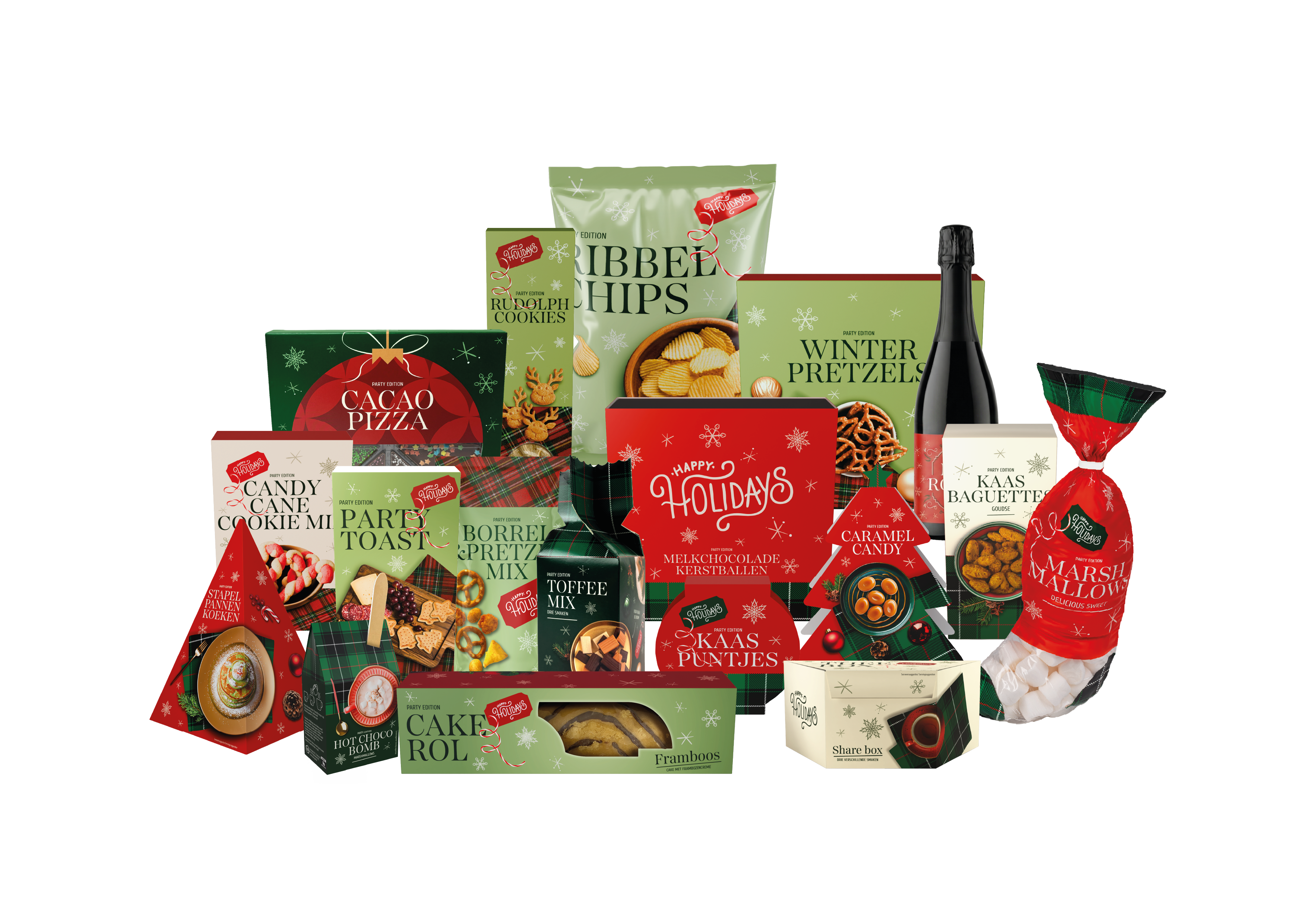 Kerstpakket Happy Holidays brengt een rijke mix van smaakvolle producten, speelse details en een feestelijke uitstraling