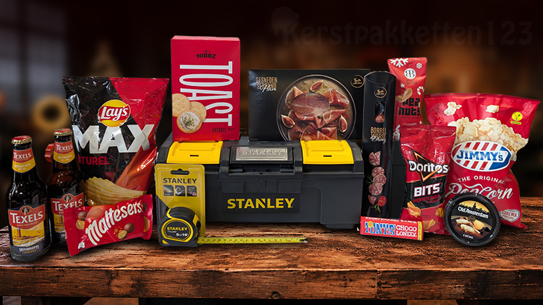 Stanley kerstpakket met gereedschapskoffer, rolbandmaat en luxe borrelhapjes