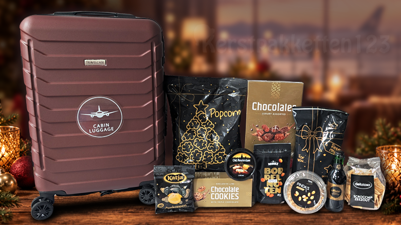 Luxe kerstpakket met bordeaux trolley en lekkernijen