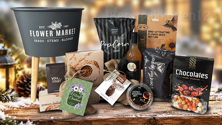Duurzaam kerstpakket Flower Market met plantenbak op houten poten, bloemenzaden, kruidenzaden en luxe lekkernijen
