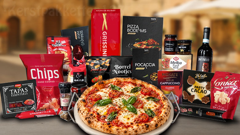 Italiaans kerstpakket met pizzasteen, wijn, pizza, pasta en borrelhapjes