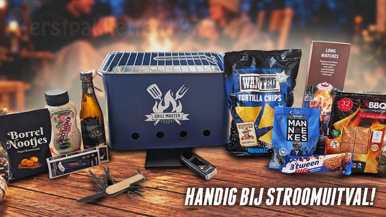 Nuttig Noodpakket: een handig kerstpakket bij stroomuitval met HAPPZ BBQ, powerbank, solar zaklamp, multitool en lekkers. Origineel én praktisch.